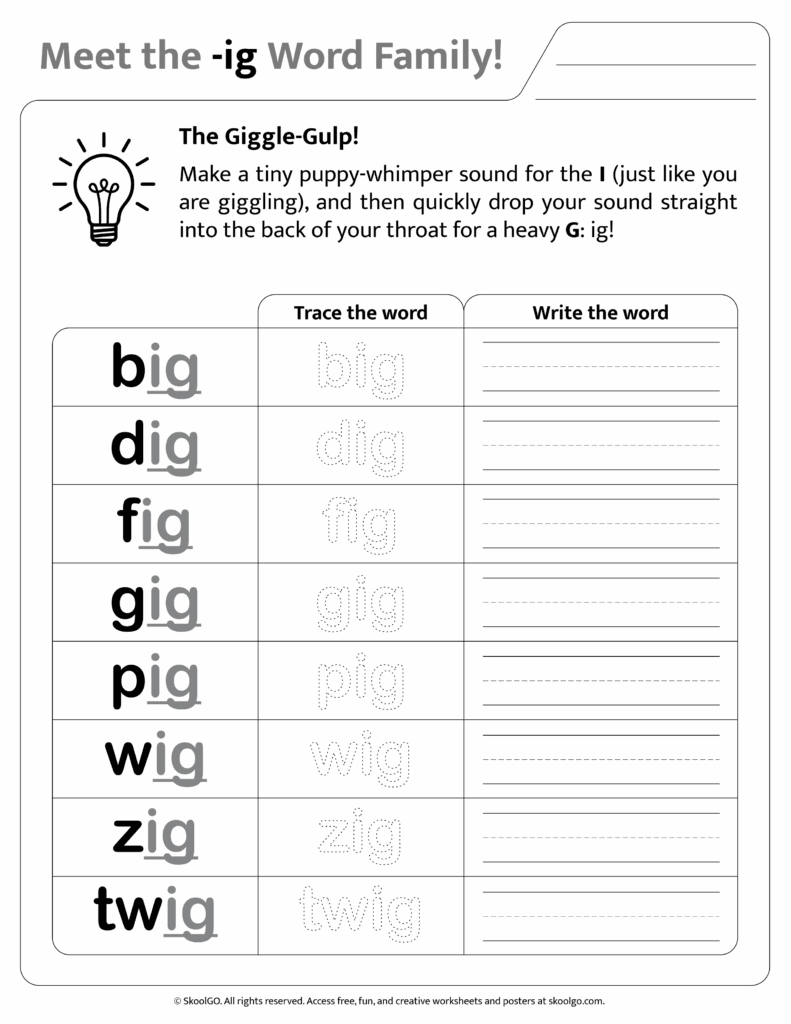 Black and white printable version of [ig] phonics worksheet