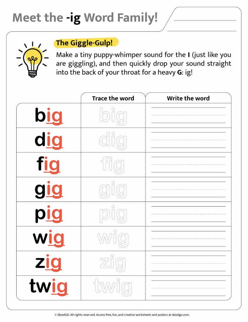 Color version of [ig] word family worksheet for engaging phonics learning