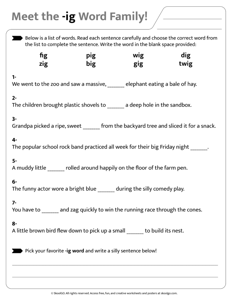 Sentence and word practice activities for [ig] word family worksheet