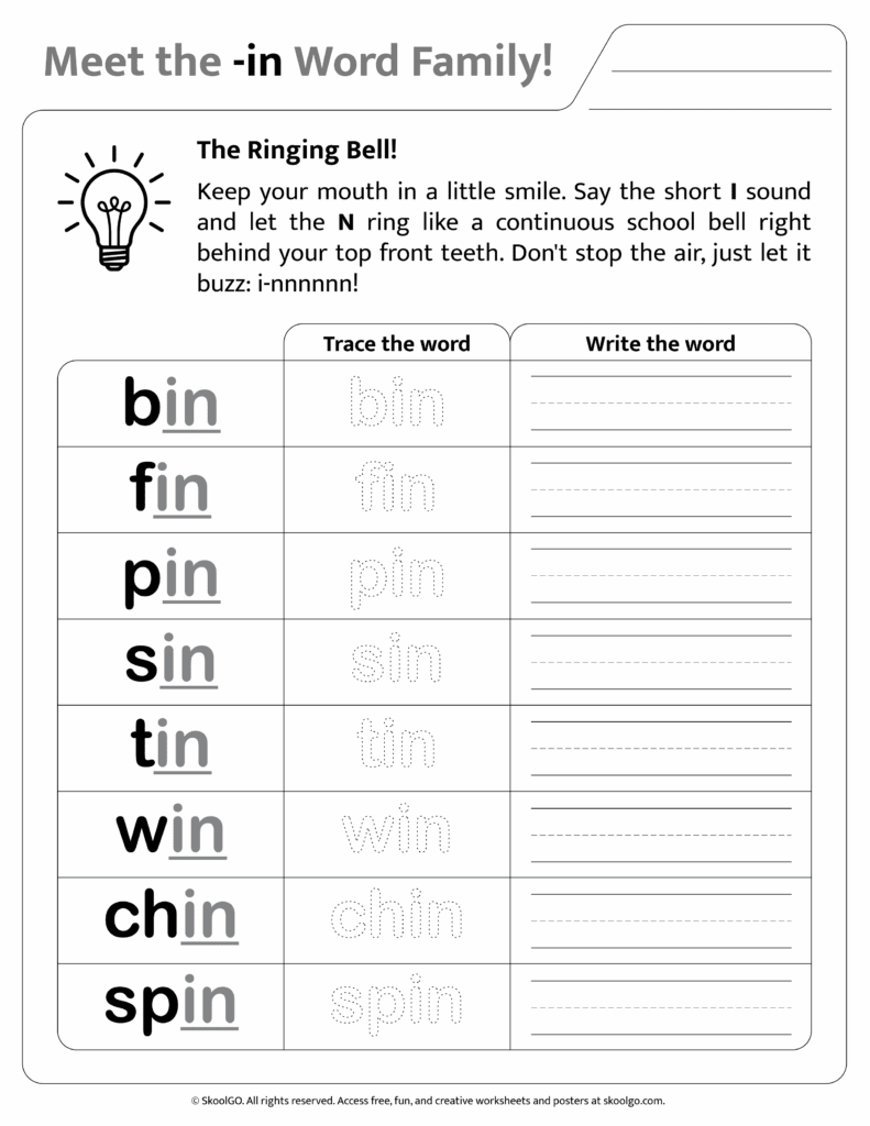 Black and white printable version of [in] phonics worksheet