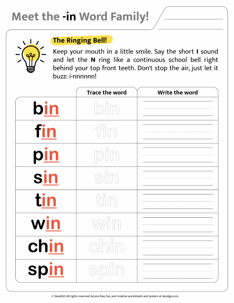Color version of [in] word family worksheet for engaging phonics learning