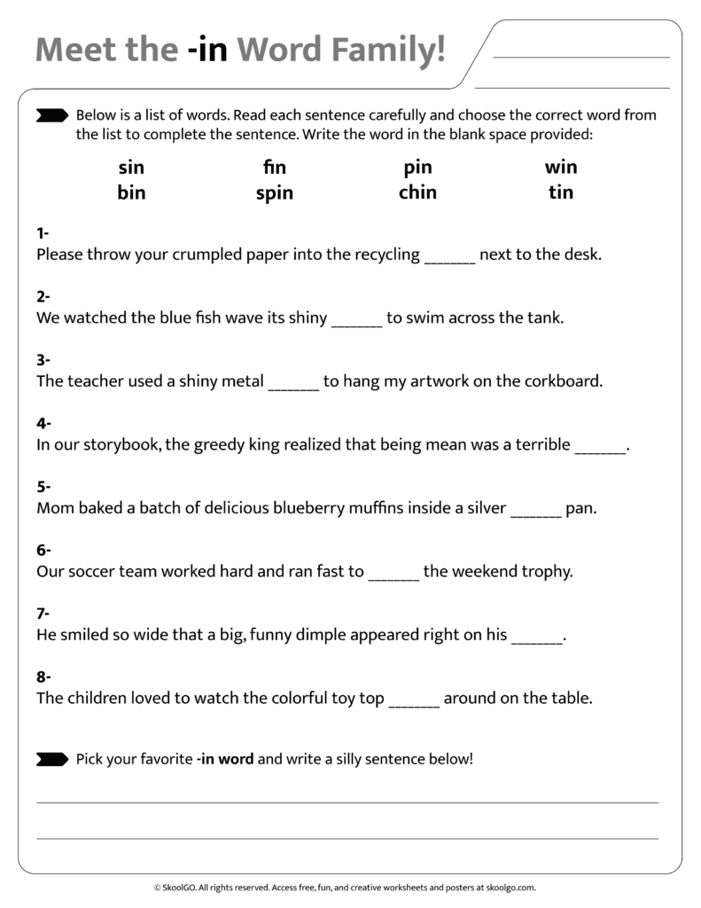 Sentence and word practice activities for [in] word family worksheet