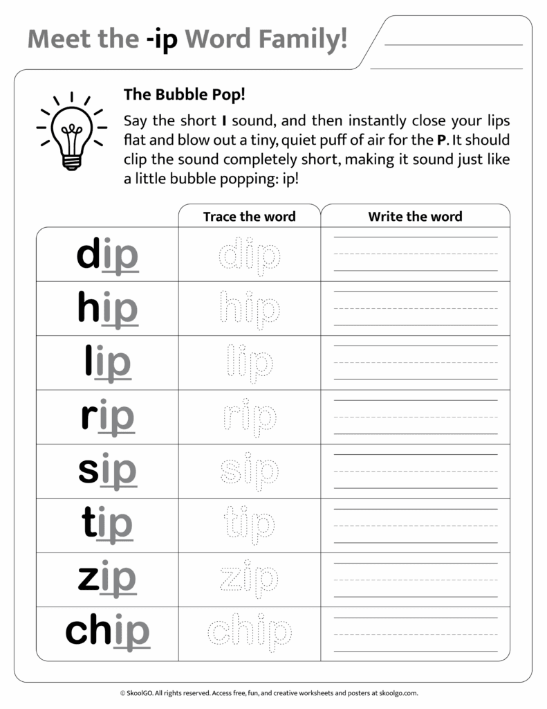 Black and white printable version of [ip] phonics worksheet