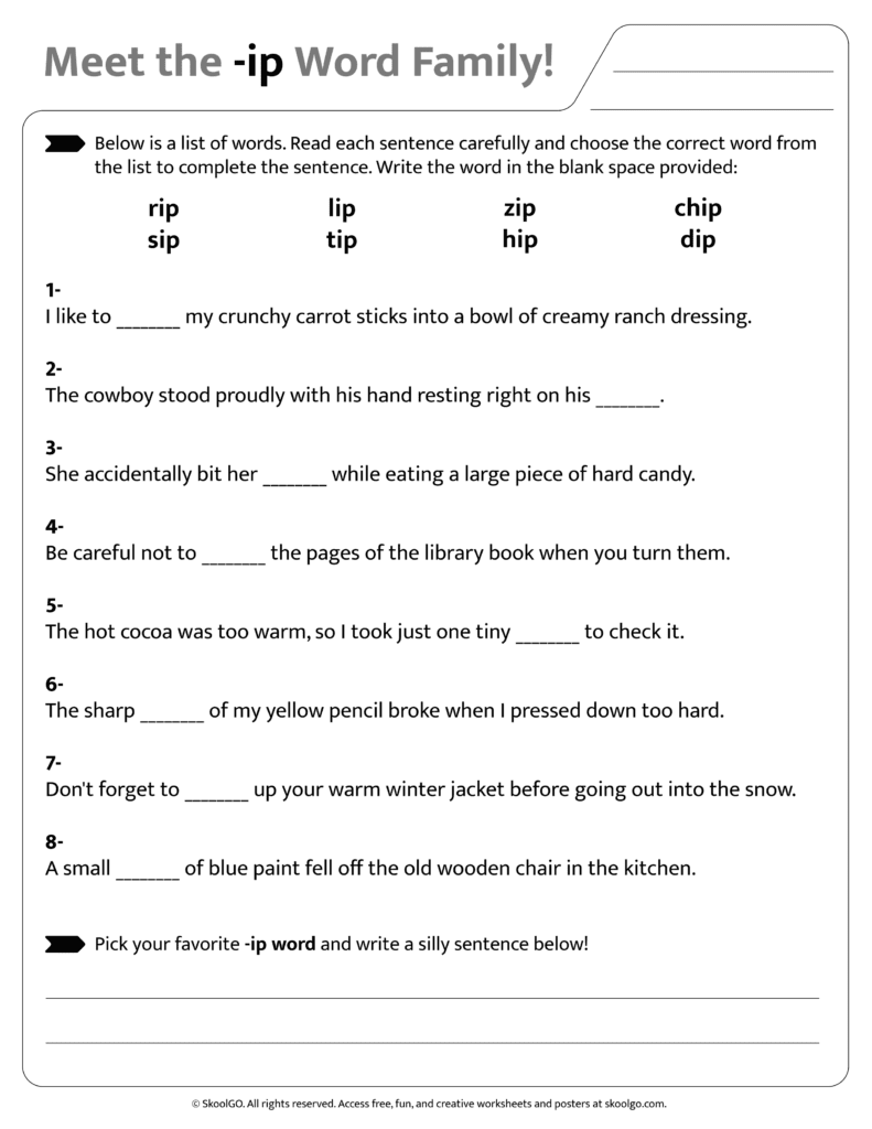 Sentence and word practice activities for [ip] word family worksheet