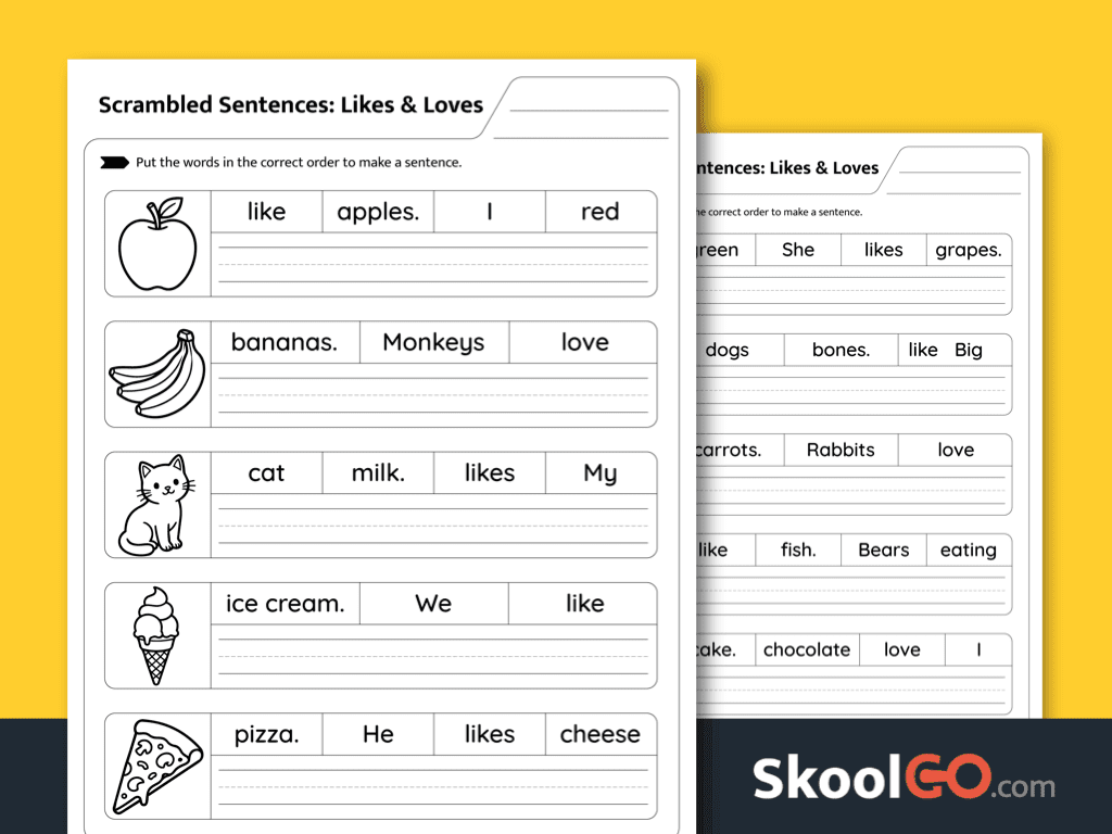 Likes and loves scrambled sentences worksheet for expressing preferences