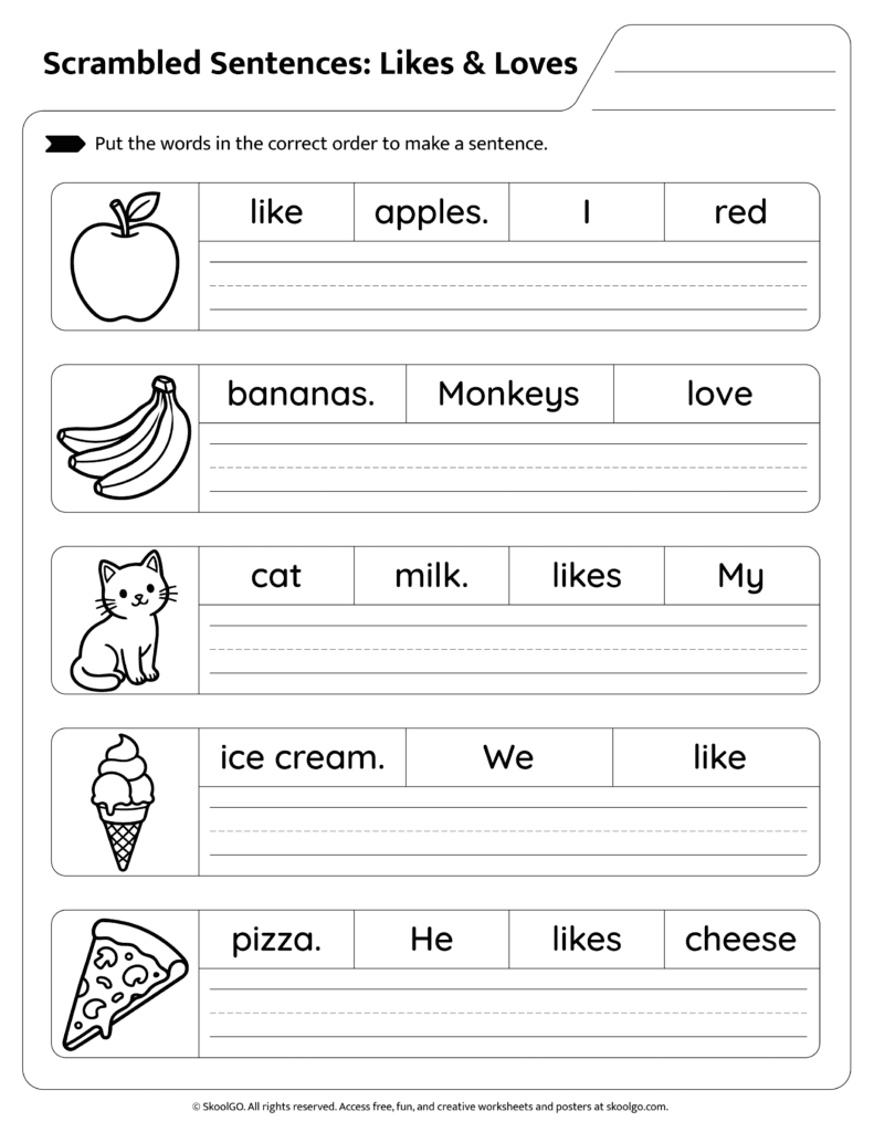 Likes and Loves Sentence Scramble Page 1 Students forming preference sentences using likes and loves page 1