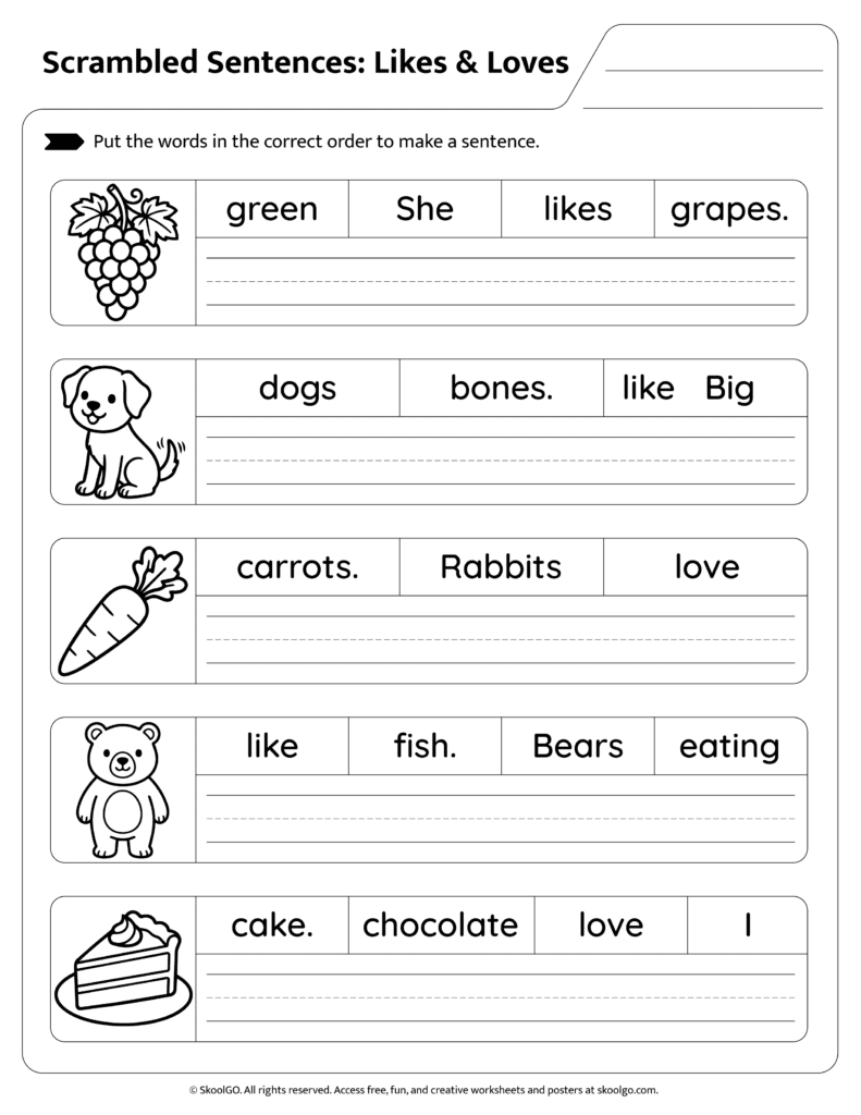 Likes and Loves Grammar Worksheet Page 2 Preference sentence scramble worksheet for kids page 2