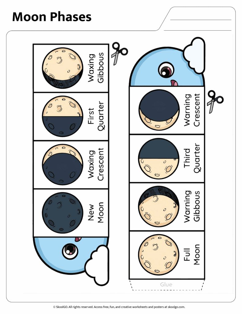 Moon Phases Cut and Paste Craft Activity Color moon phases cut and paste worksheet showing all lunar phases