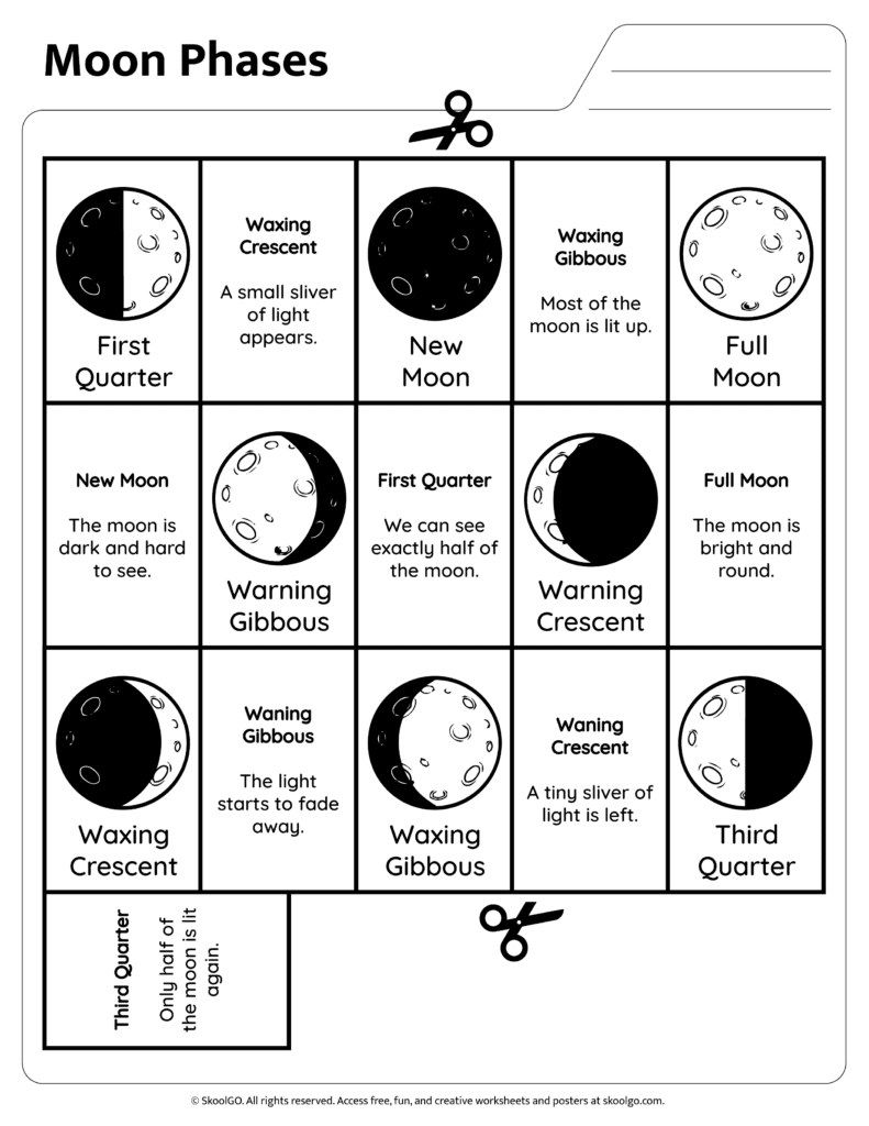 Moon Phases Matching and Sorting Worksheet Moon phases matching worksheet with lunar cycle vocabulary cards