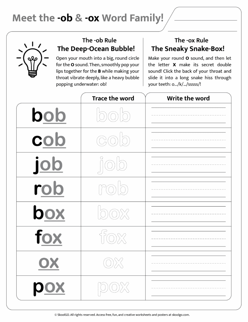Black and white printable version of [ob & ox] phonics worksheet