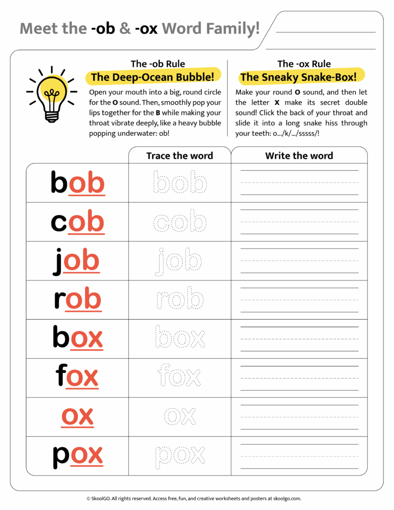 Color version of [ob & ox] word family worksheet for engaging phonics learning