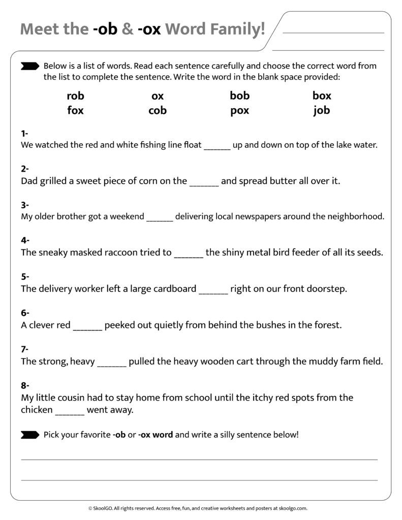 Sentence and word practice activities for [ob & ox] word family worksheet