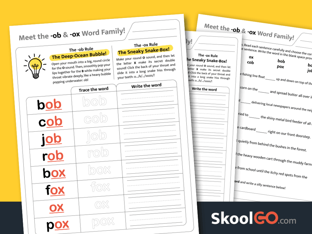 ob & ox Word Family Worksheet – Fun phonics practice for early readers