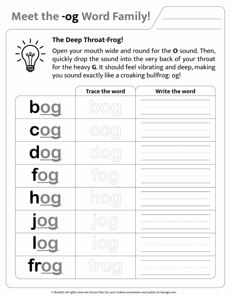 Black and white printable version of [og] phonics worksheet