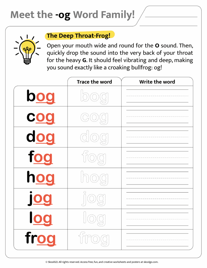 Color version of [og] word family worksheet for engaging phonics learning