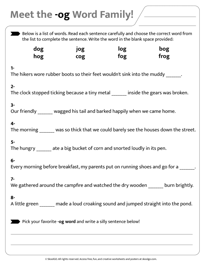 Sentence and word practice activities for [og] word family worksheet