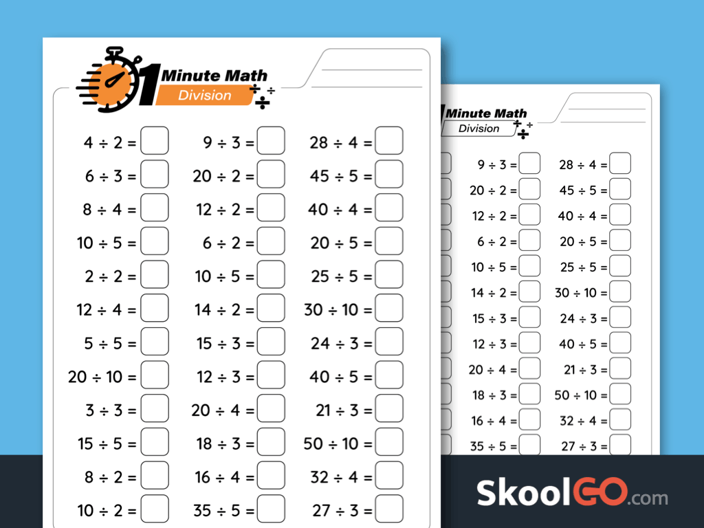 One minute math division worksheet printable PDF for division fact fluency practice