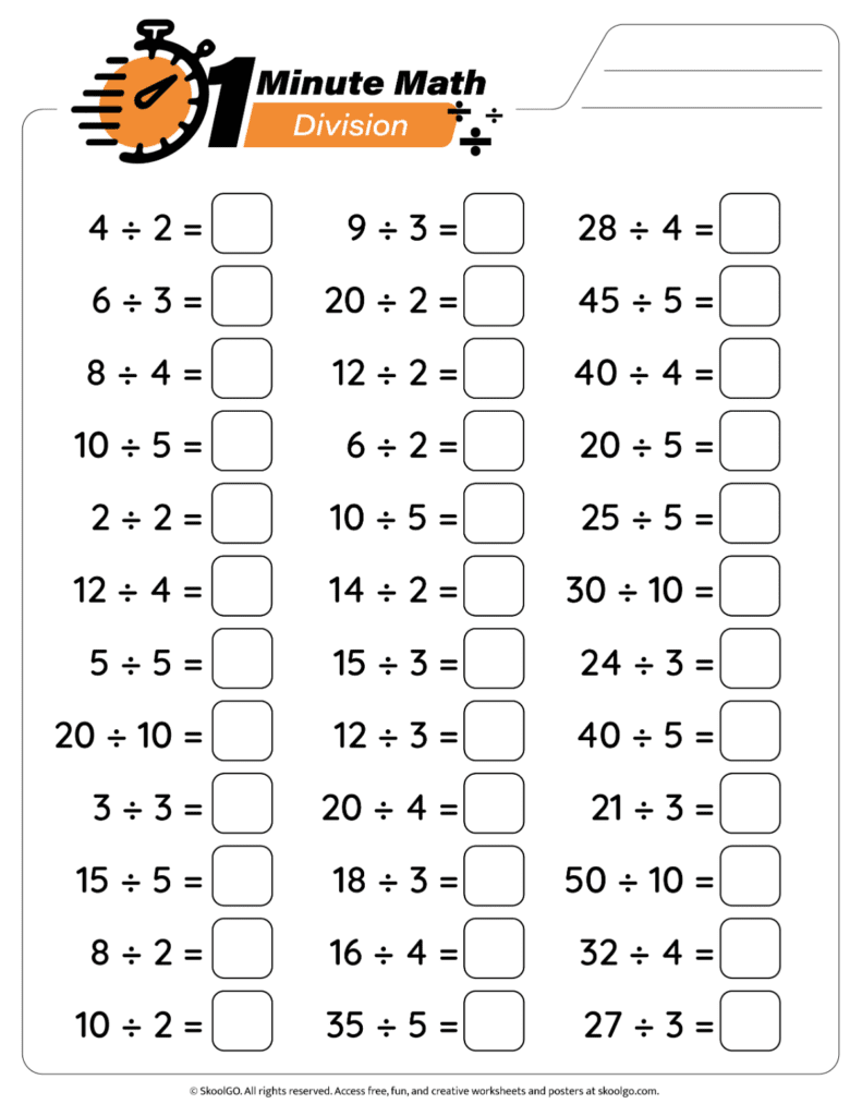 Division facts practice worksheet with timed math problems page 1