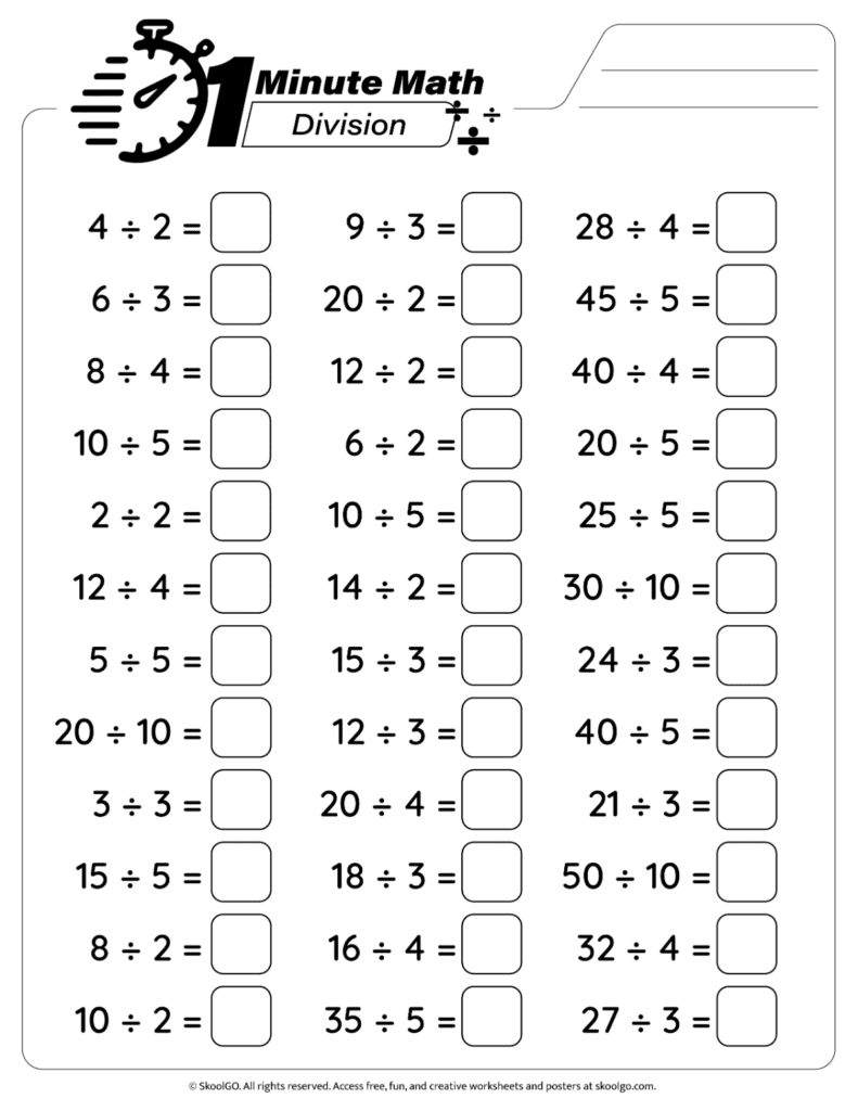 Printable division facts worksheet for math fluency practice page 2