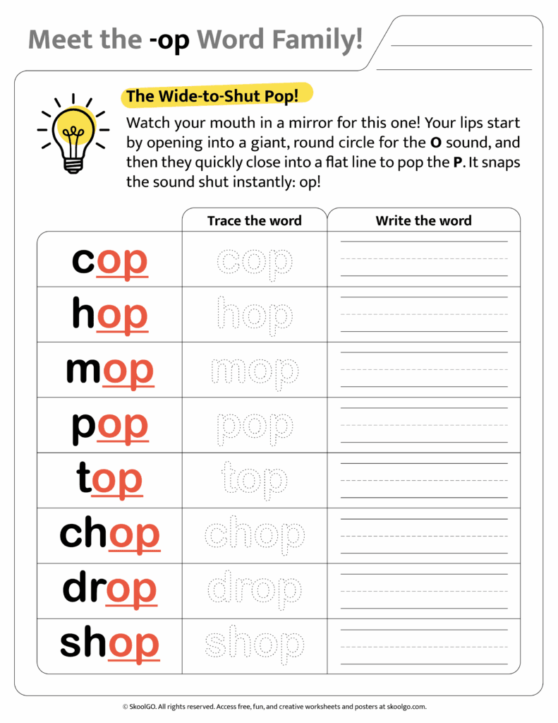 Color version of [op] word family worksheet for engaging phonics learning