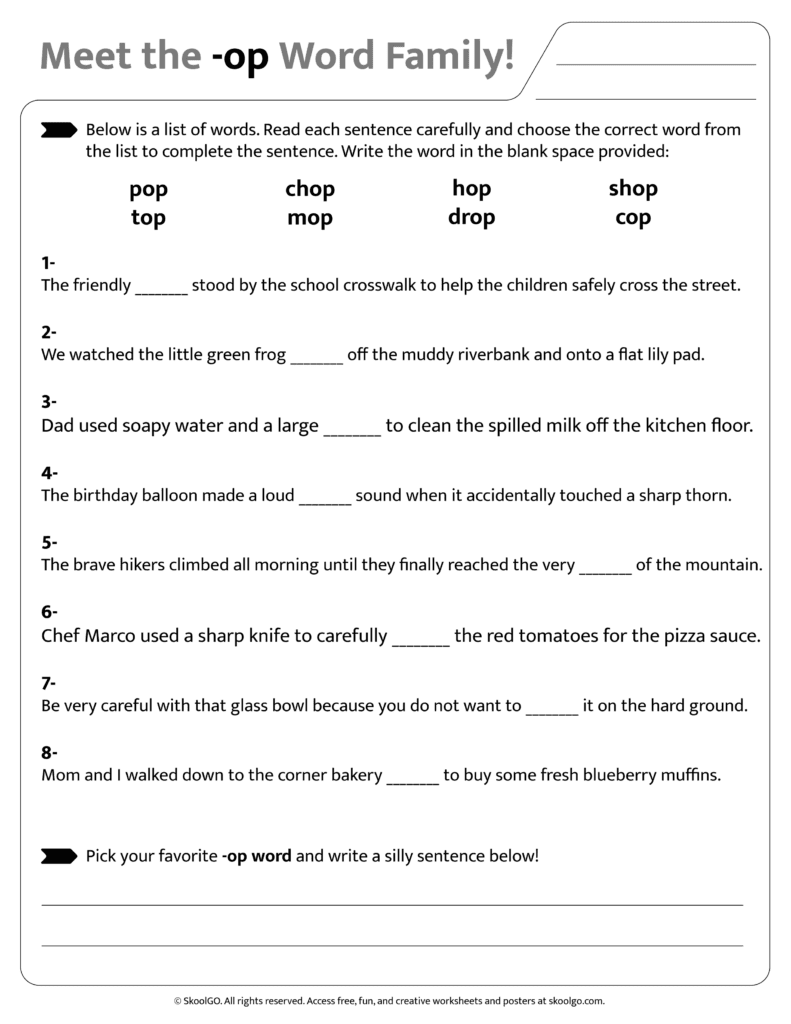 Sentence and word practice activities for [op] word family worksheet