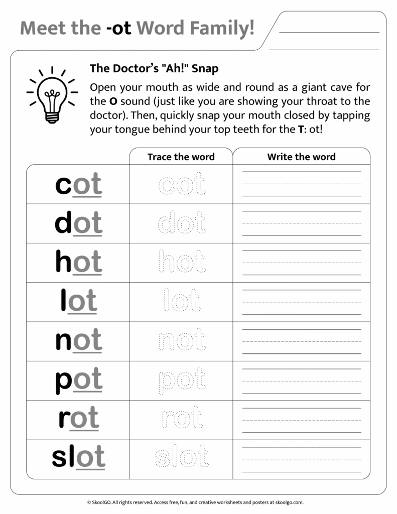 Black and white printable version of [ot] phonics worksheet