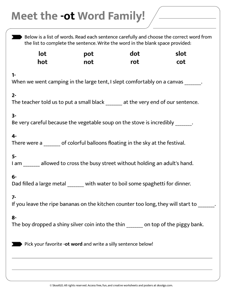Sentence and word practice activities for [ot] word family worksheet