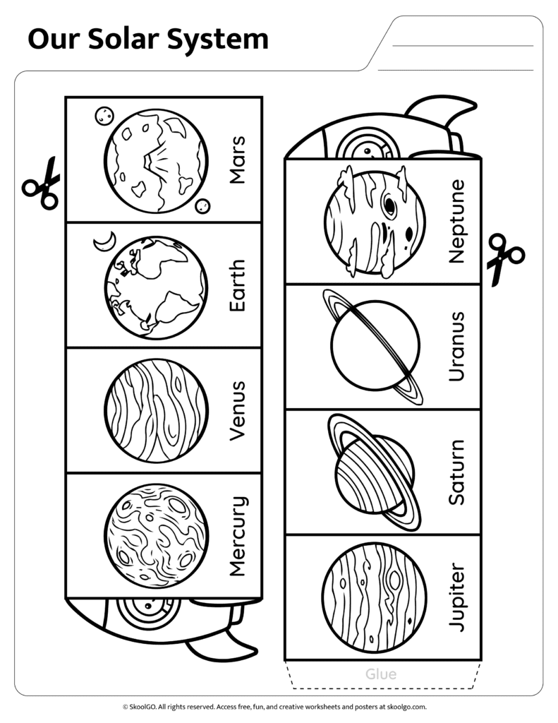 Solar System Cut and Paste Rocket Activity Black and White Version Black and white solar system cut and paste worksheet for coloring and assembly