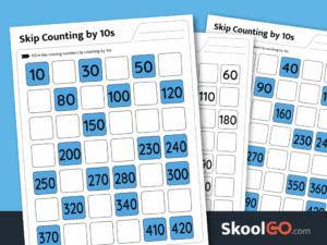 Skip counting by 10s worksheet printable PDF for practicing number sequences