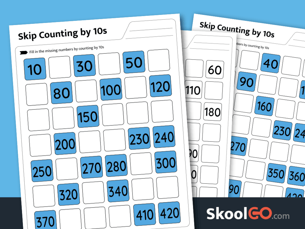 Skip counting by 10s worksheet printable PDF for practicing number sequences