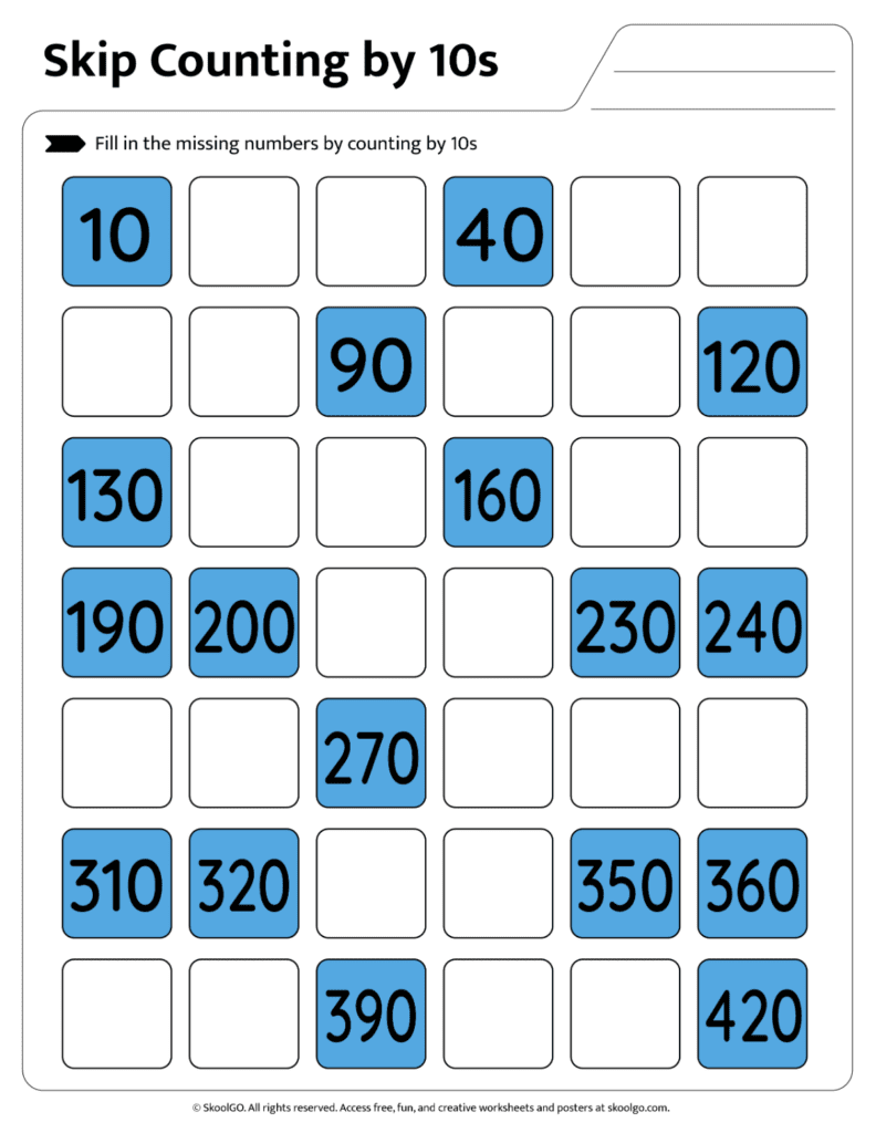 Printable count by tens worksheet with missing numbers