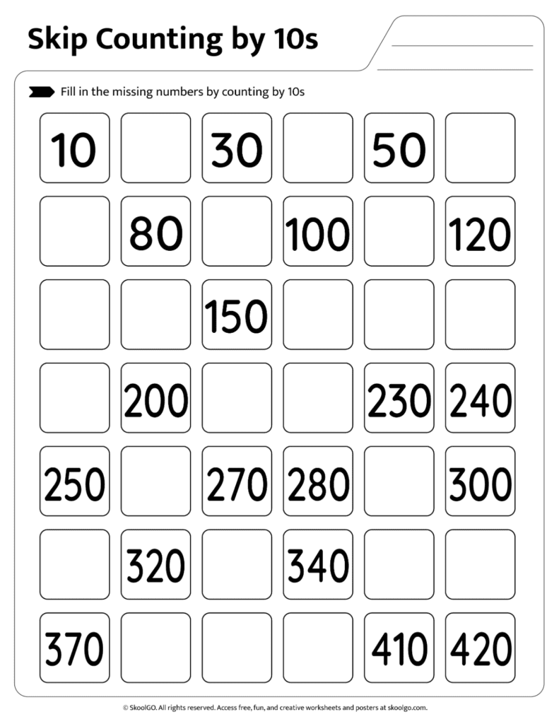 Additional skip counting by 10s printable activity page