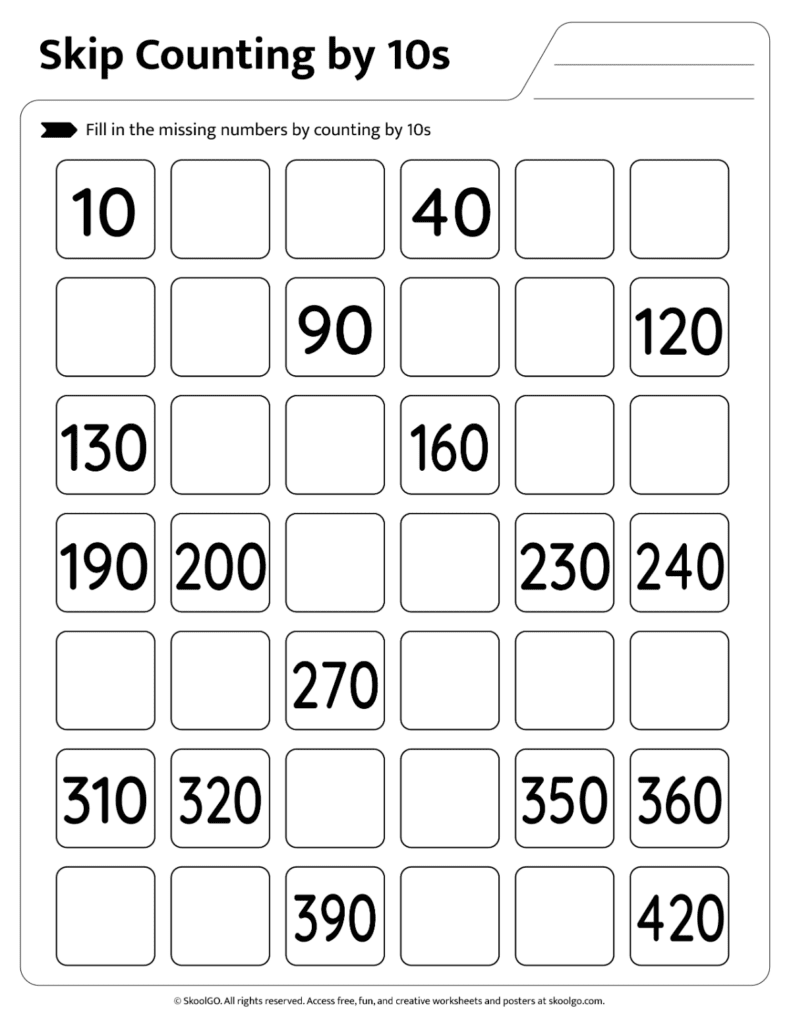 Printable skip counting by 10s worksheet PDF page