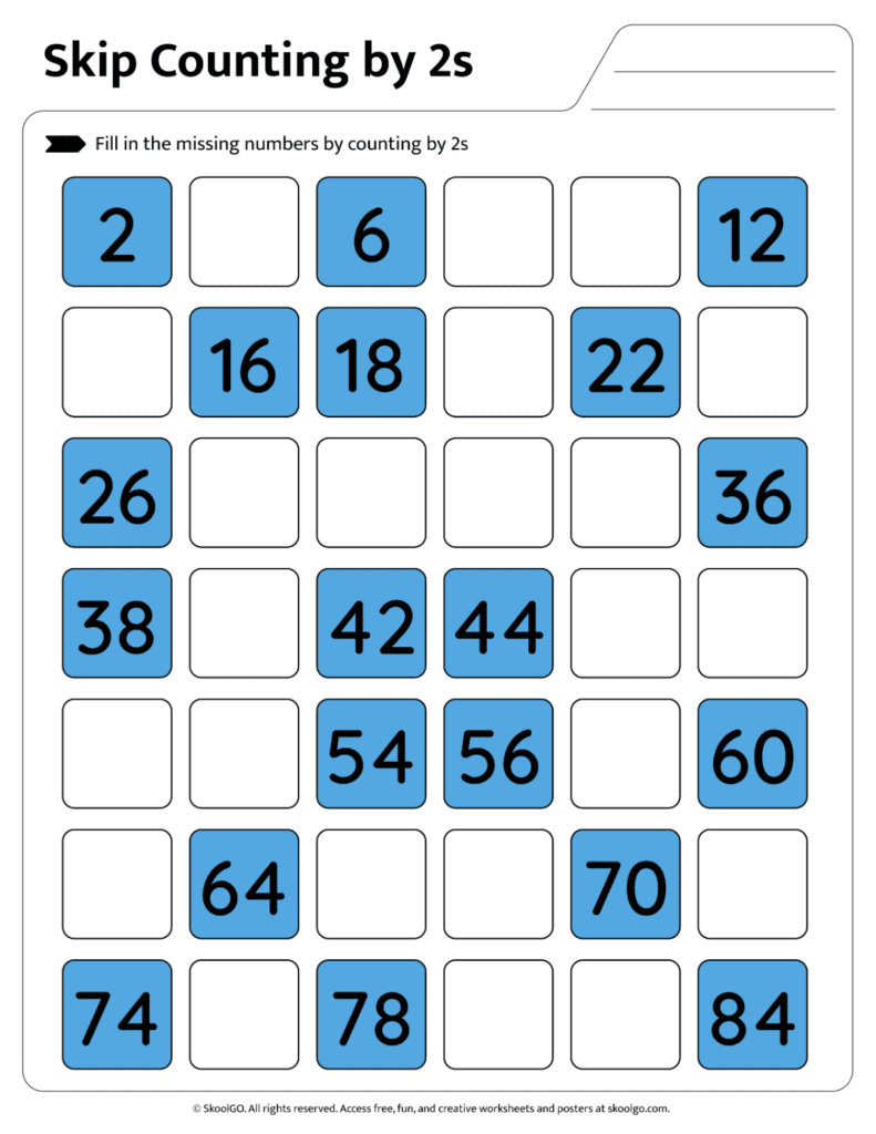 Skip Counting by 2s Practice Page 1 Students complete missing numbers in skip counting by 2s sequence