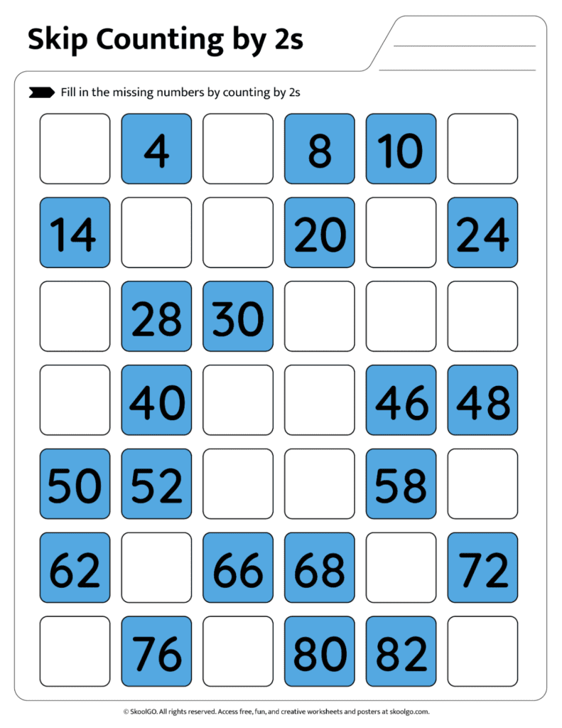 Skip Counting by 2s Practice Page 2 Printable skip counting by 2s worksheet page with missing numbers