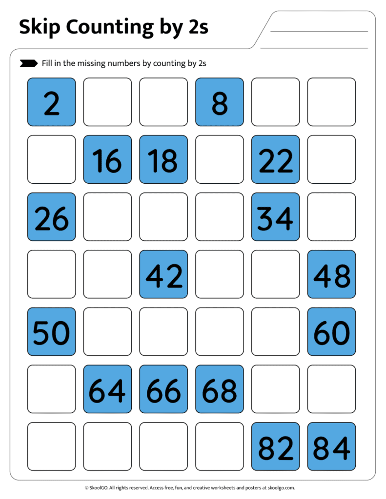 Skip Counting by 2s Practice Page 3 Number pattern activity for skip counting by 2s