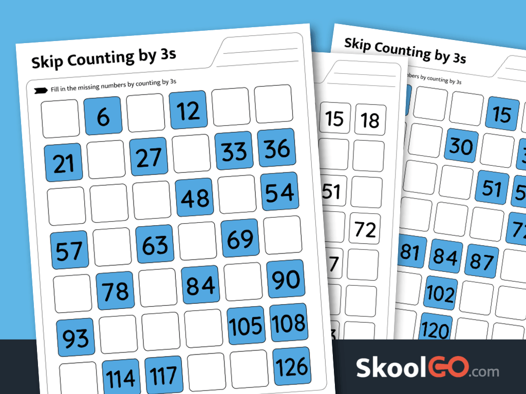 Free skip counting by 3s worksheet printable for number pattern practice