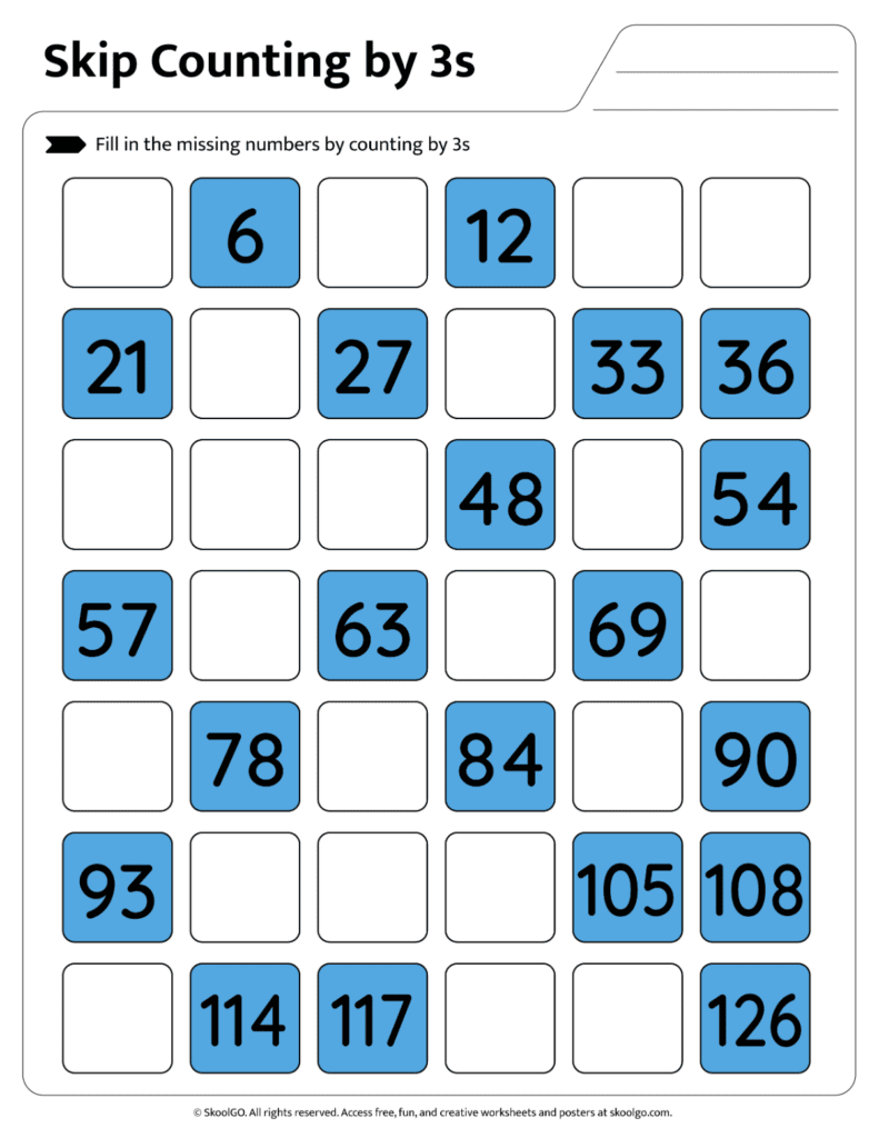 Skip Counting by 3s Worksheet Page 1 Students fill in missing numbers while skip counting by 3s