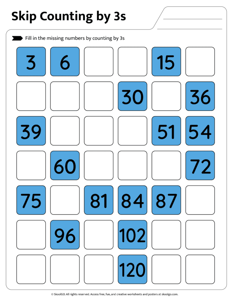 Skip Counting Number Patterns Page 3 Missing number pattern activity using skip counting by threes