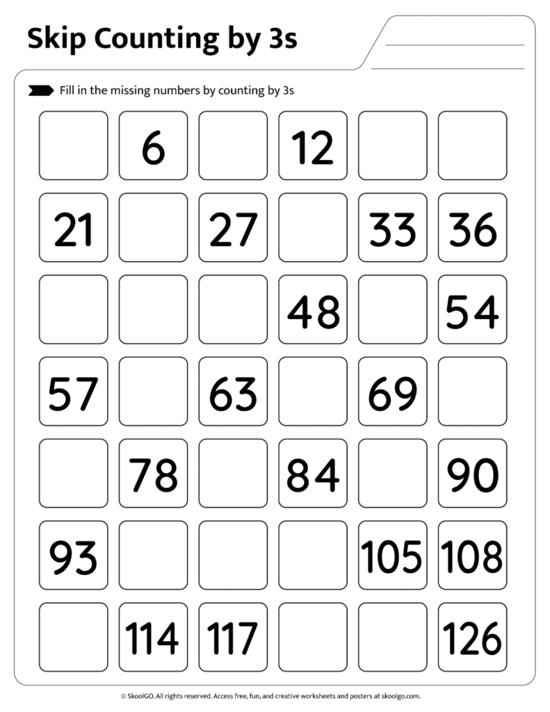 Skip Counting by 3s Worksheet Page 4 Extended skip counting by 3s printable worksheet