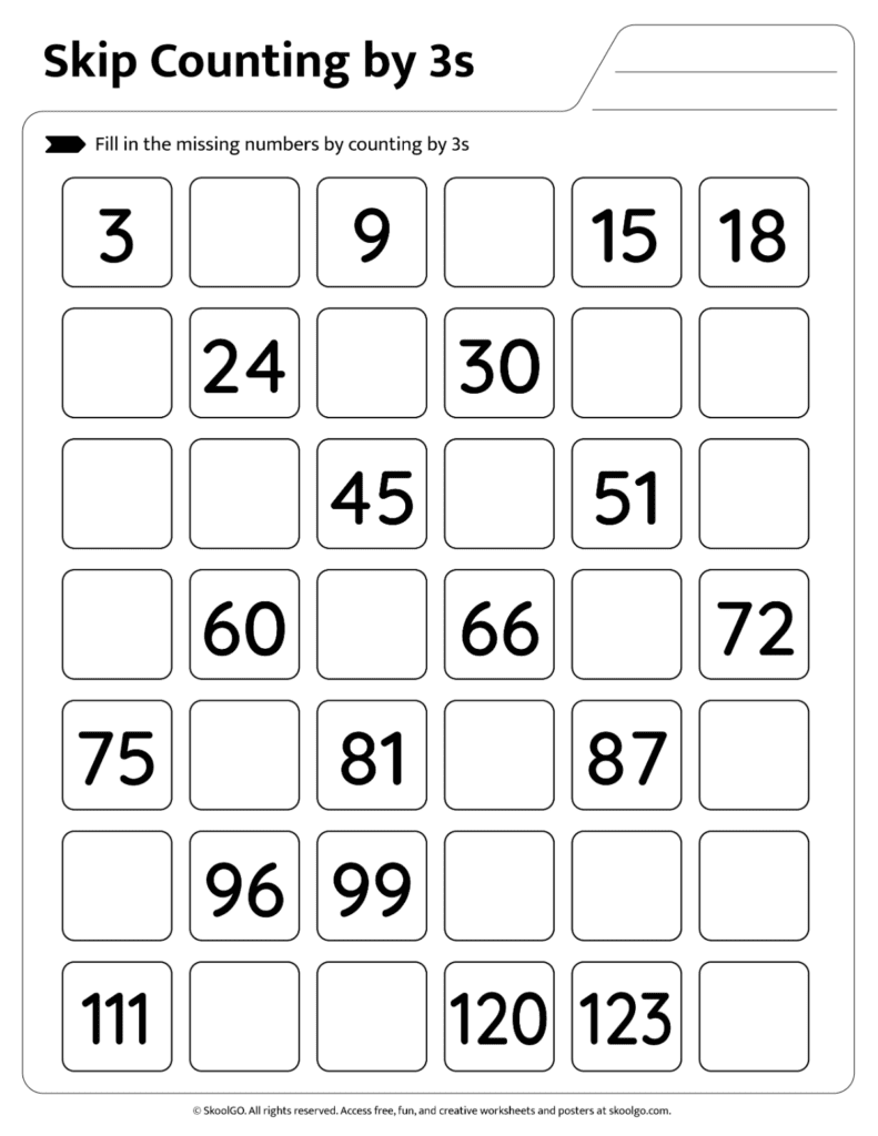 Skip Counting by 3s Practice Page 5 Number sequence worksheet for counting by threes