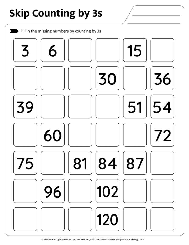 Skip Counting by 3s Activity Page 6 Printable skip counting by 3s math worksheet page