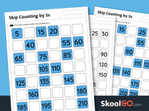 Skip counting by 5s worksheet printable PDF for practicing number patterns