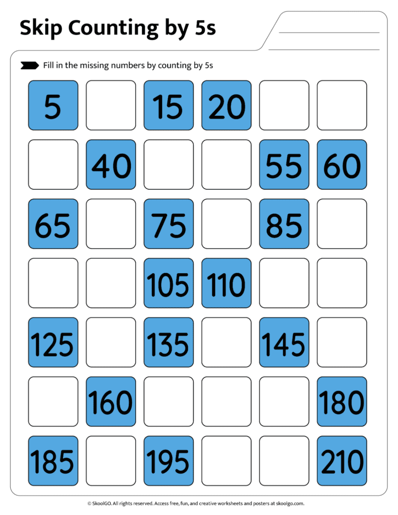 Skip Counting by 5s Worksheet Page 1 Students fill in missing numbers using skip counting by 5s on worksheet page 1