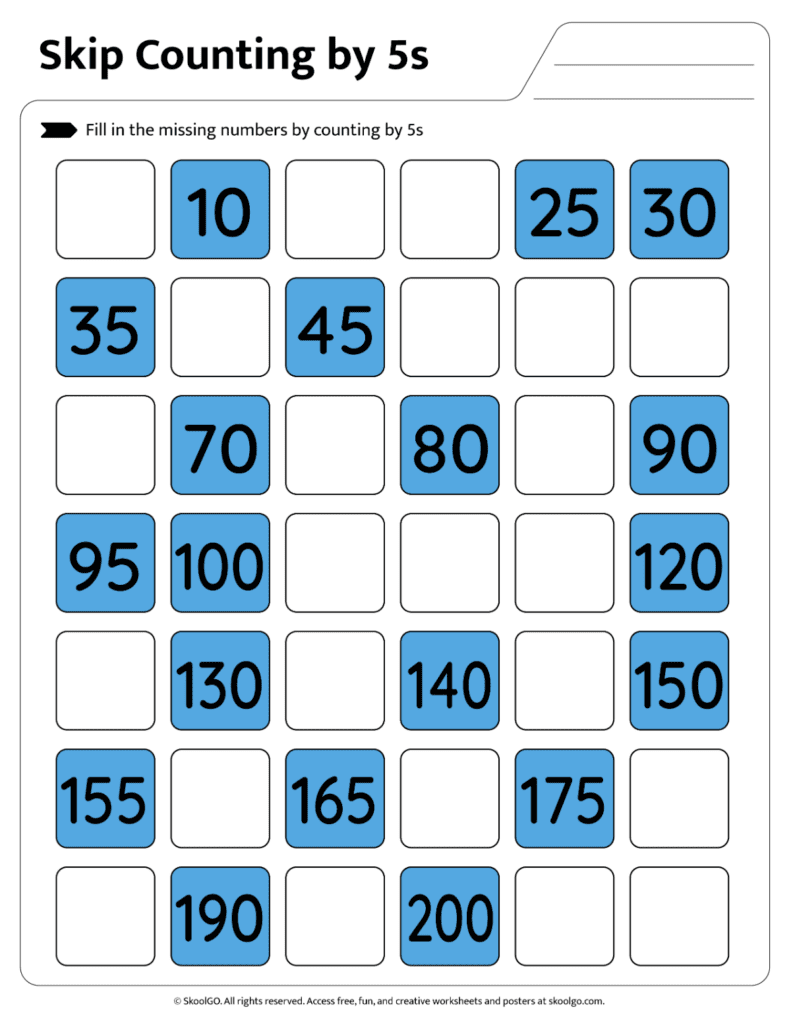 Skip Counting by 5s Worksheet Page 2 Printable skip counting by 5s number sequence activity on worksheet page 2
