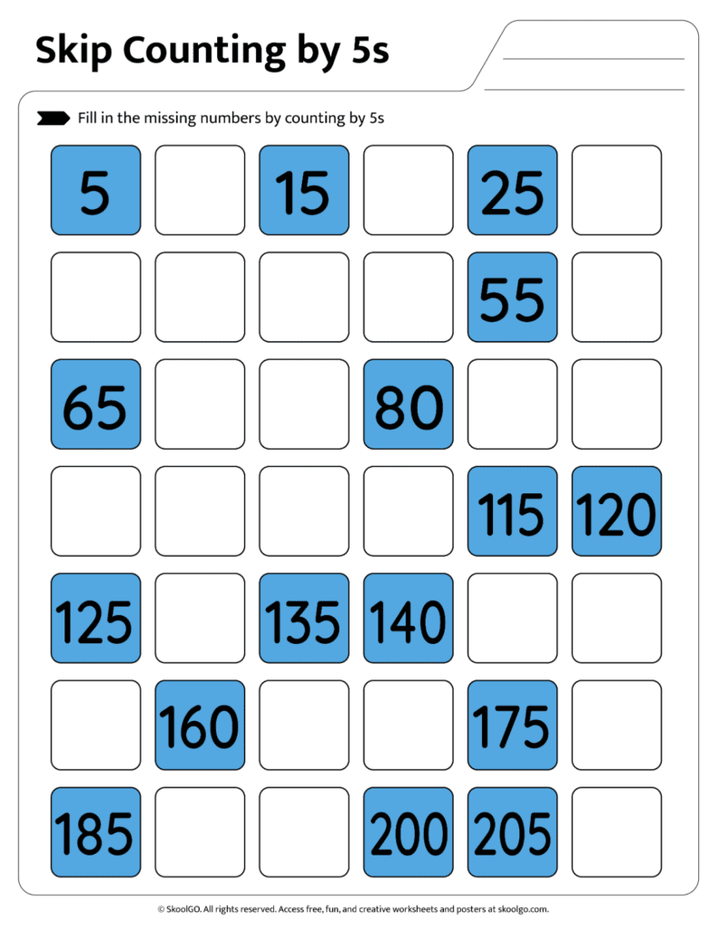 Skip Counting by 5s Worksheet Page 3 Skip counting by 5s practice with missing numbers on worksheet page 3