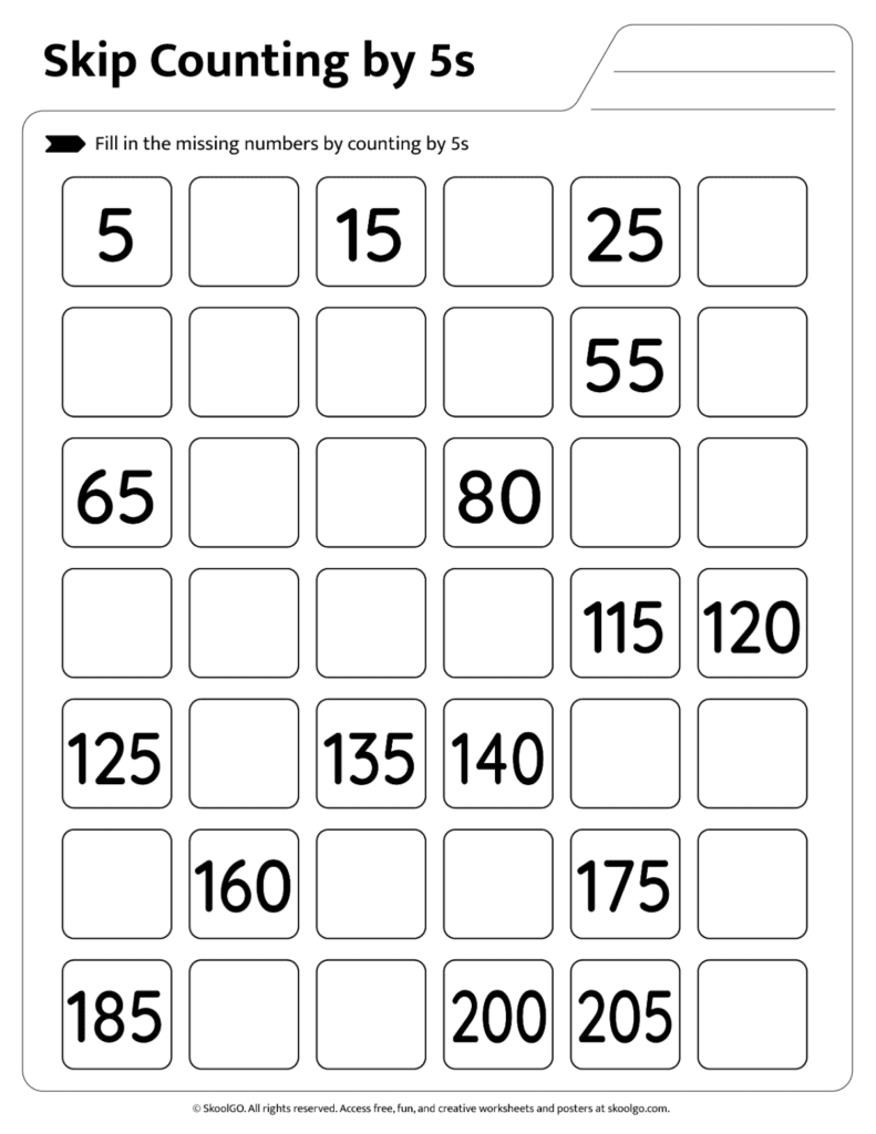Skip Counting by 5s Worksheet Page 6 Printable skip counting by 5s activity with missing numbers on worksheet page 6