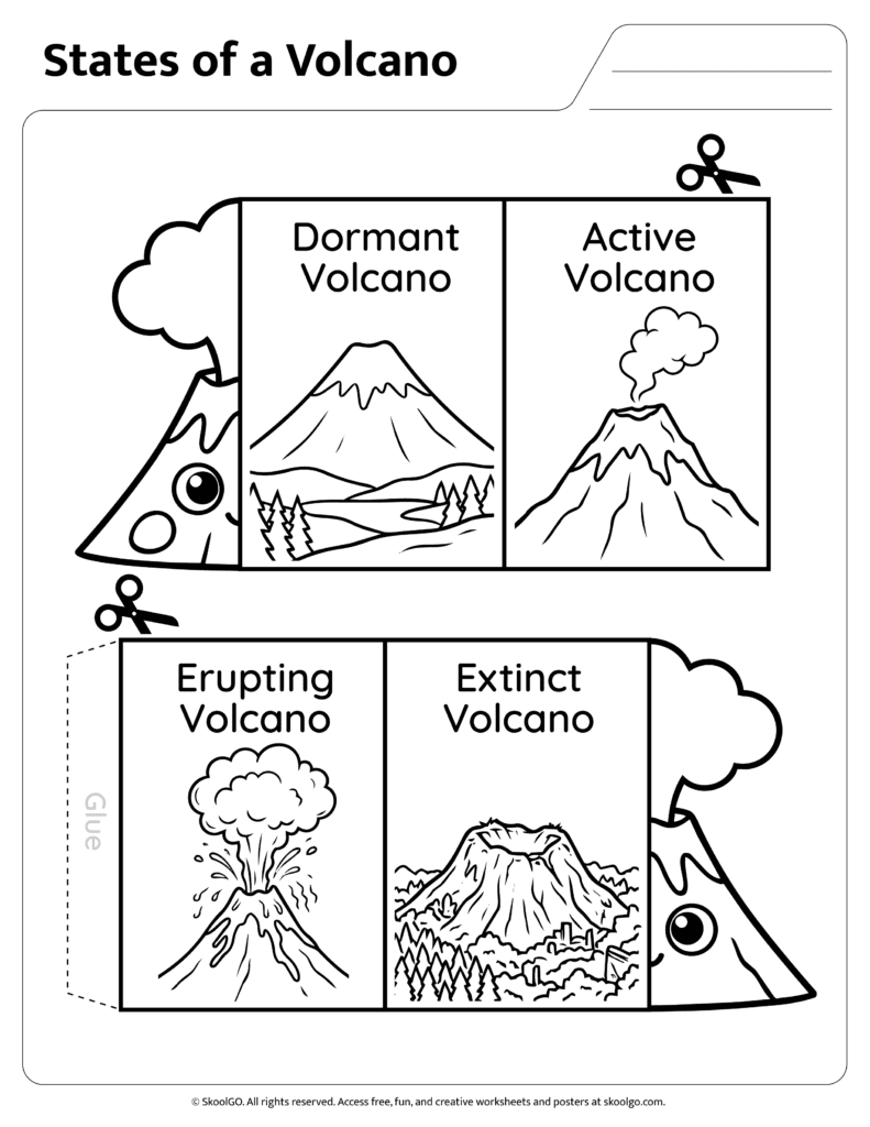 States of a Volcano Black and White Worksheet Black and white states of a volcano worksheet for coloring and classroom activities