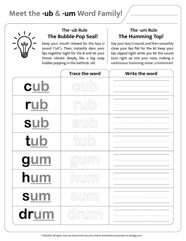 Black and white printable version of [ub & um] phonics worksheet