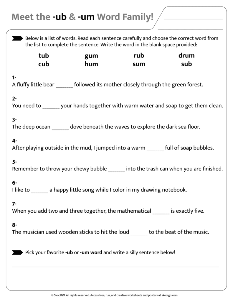 Sentence and word practice activities for [ub & um] word family worksheet
